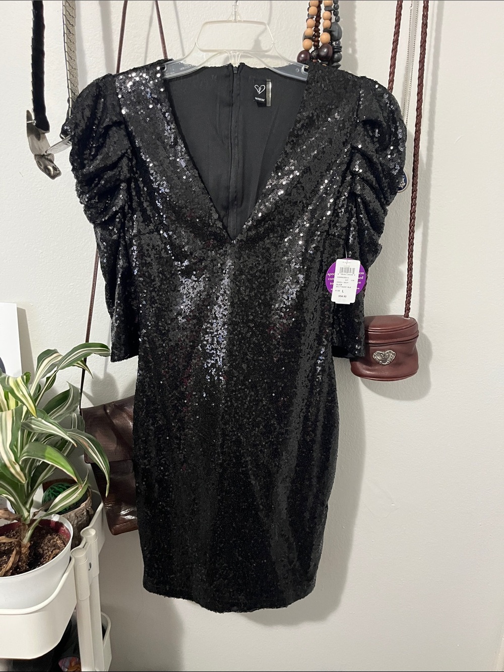 Black Sequin Puff-Sleeve Mini Dress